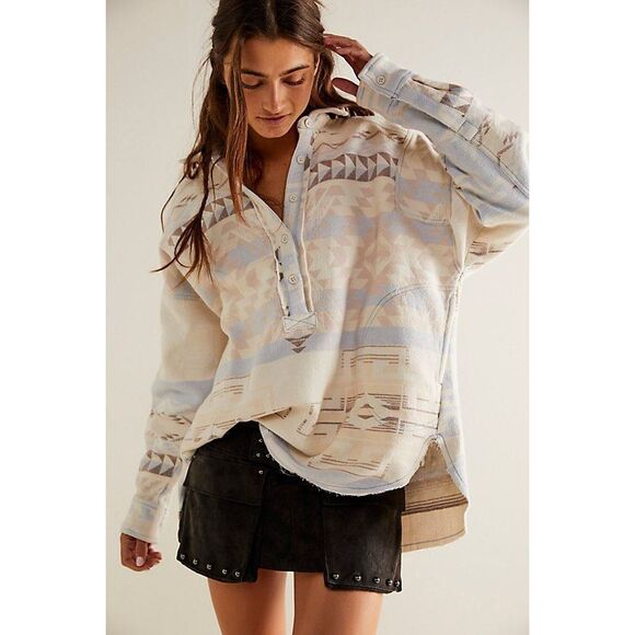 Free People We The Free Arizona Sky Pullover Blue Cream L Large NEW - Picture 1 of 4